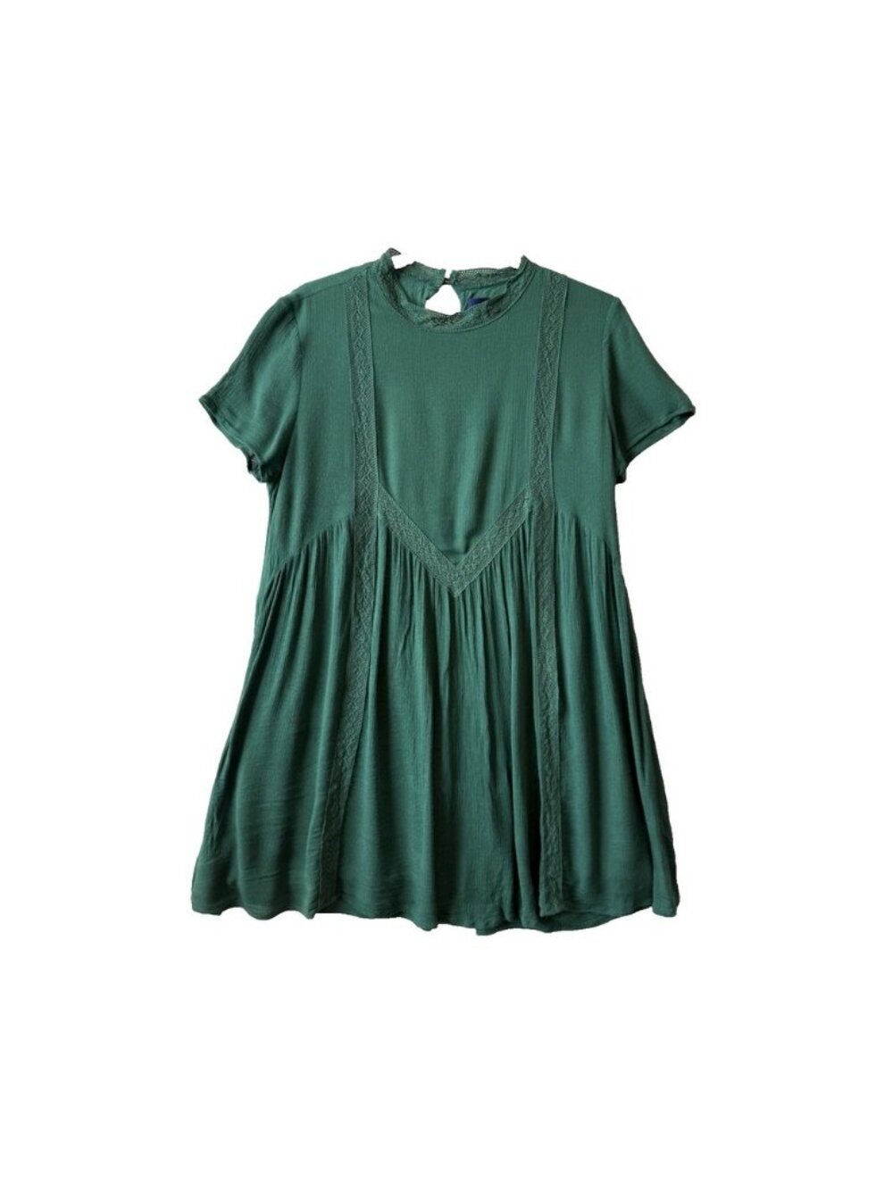 Blue Rain Boho Green Crinkle Babydoll Lace Mini Dress Tunic Top L Peasant Flowy